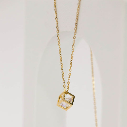 Gold Cube Crystal Pendant Necklace