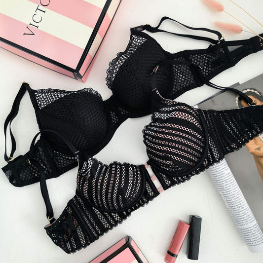 Black Lace Striped Bra Set